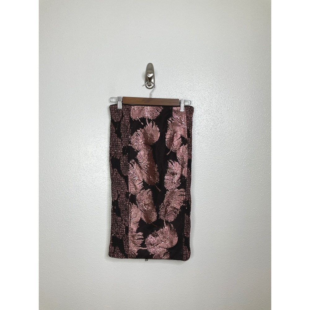 Byron Lars Beauty Mark Metallic Rose Gold Feather Brocade Pencil Skirt Size 0